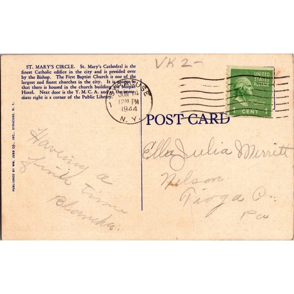 Vintage Postcard Circle of St Marys and Baptist Church Syracuse‎ NY 1944 Linen